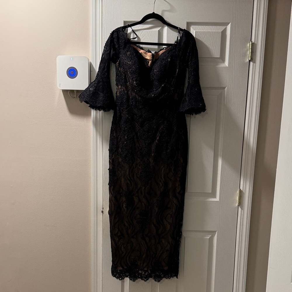 Jovani Black Lace Sheath Dress with Flared Sleeves